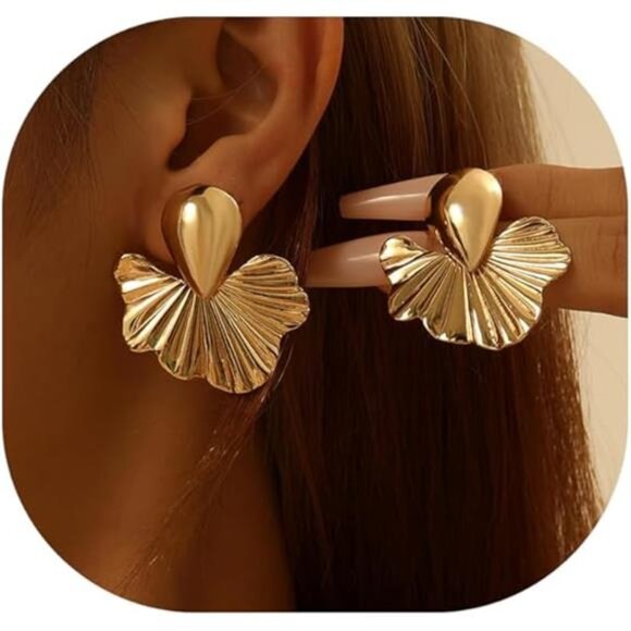 Gold Flower Earrings | Boho Geometric Studs | Lightweight Statement Jewelry - Picture 5 of 5